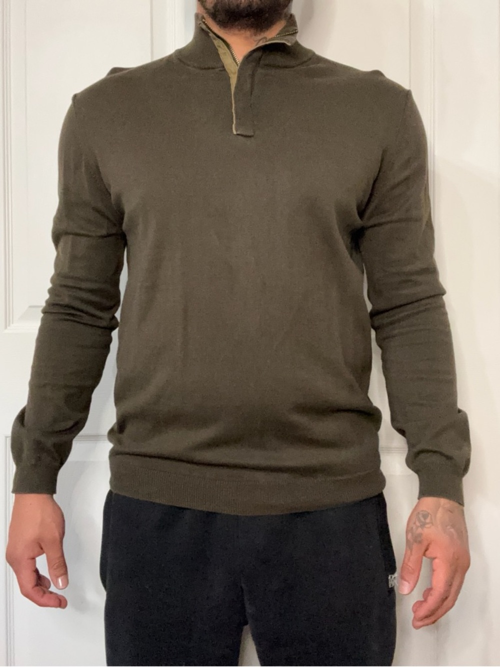 Zara Men's Olive Green Half-Zip Sweater
